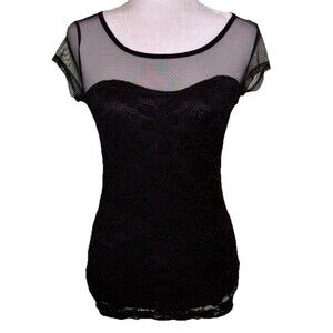 Forever 21 Women’s Black Lace Sheer Mesh Romantic Dark Gothic Chic Fitted Top Sm
